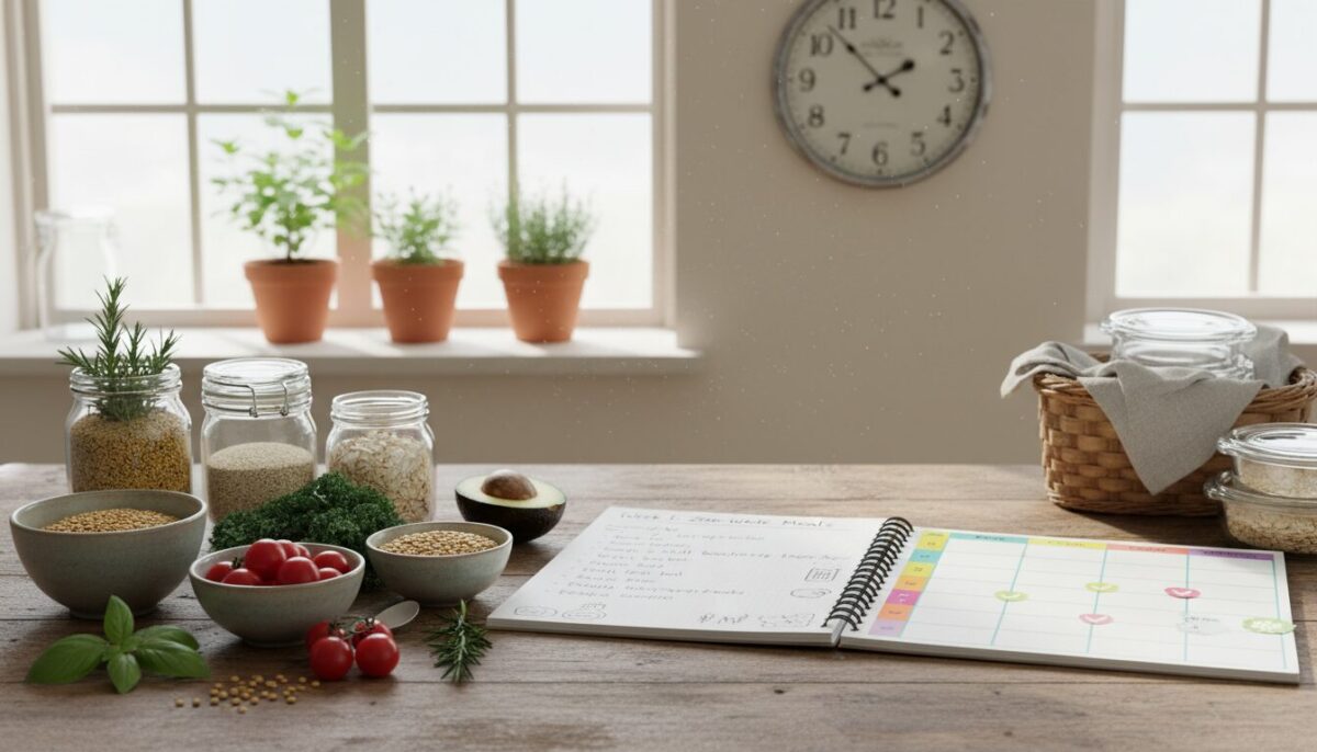 A beautifully arranged weekly meal plan displayed on a rustic wooden table. The foreground features a colorful array of fresh vegetables, grains, and herbs, elegantly laid out in small bowls and jars, conveying a sense of organization. In the middle, an open notebook with handwritten notes and recipes sits beside a vibrant weekly planner, illustrating a stress-free cooking schedule. The background contains soft, natural light filtering through a window, casting gentle shadows and enhancing the warm, inviting atmosphere of a cozy kitchen. A kitchen clock in the background implies time management, while potted herbs add a touch of greenery, giving a sustainable feel. The overall mood is calm, organized, and encouraging, embodying the essence of zero-waste cooking.