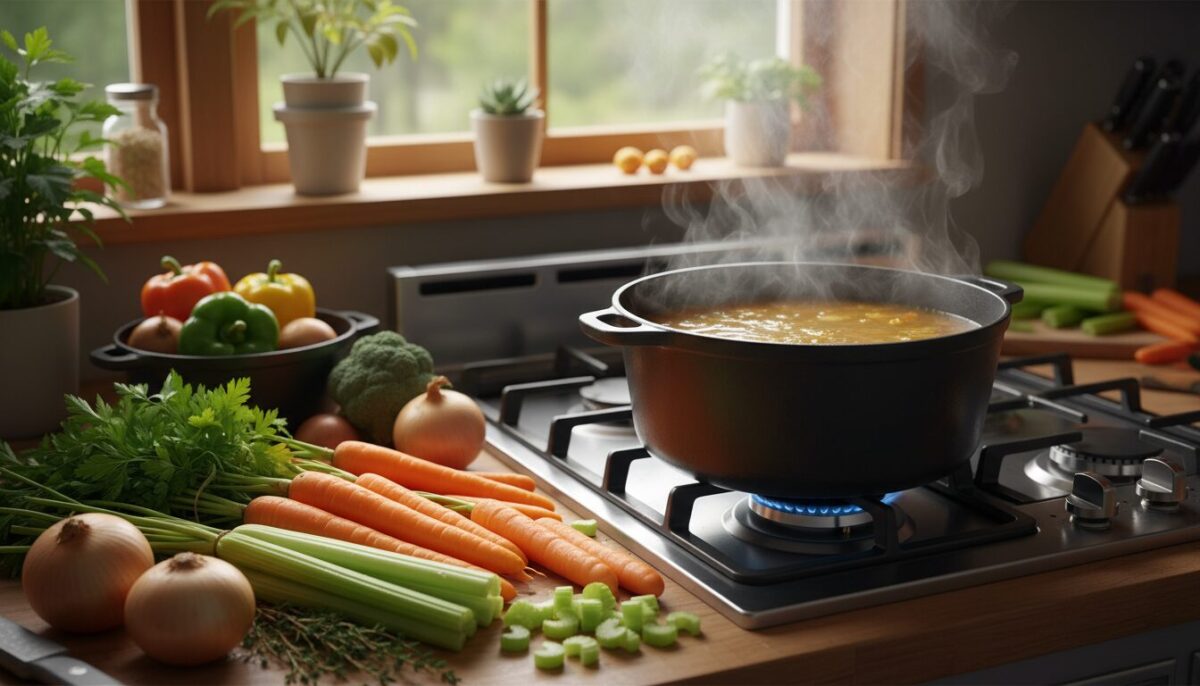 A clear and vibrant kitchen scene showcasing an assortment of fresh vegetables arranged artistically around a large, steaming pot of homemade vegetable broth. In the foreground, include chopped carrots, celery, onions, and a bunch of herbs like parsley and thyme, all glistening with moisture. The middle ground features the pot simmering gently on a gas stove, with steam rising and the broth bubbling softly, giving a warm and inviting atmosphere. In the background, a window allows natural light to pour in, casting soft shadows and highlighting the freshness of the ingredients. The colors should be warm and earthy, evoking a feeling of comfort and home-cooked goodness. The scene is shot from a slightly elevated angle, adding depth and interest.