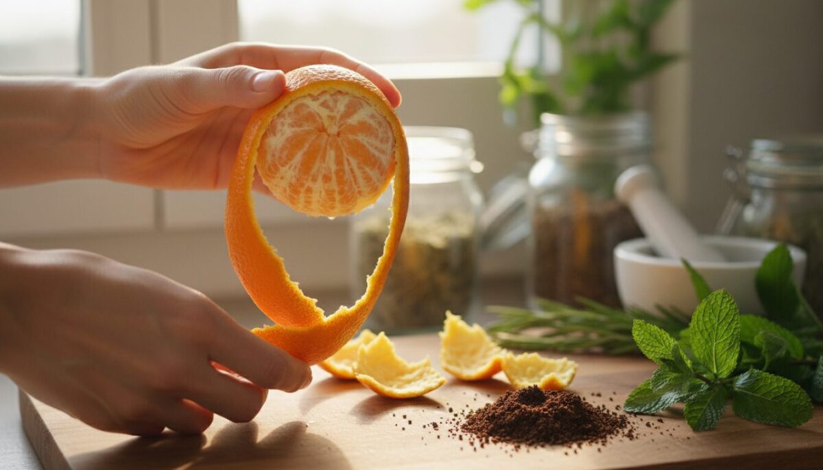 A close-up image of a person gently peeling a citrus fruit, such as an orange or lemon, in a well-lit kitchen setting. In the foreground, emphasize the vibrant, textured peel curling away from the fruit, showcasing the glistening, juicy interior. In the middle ground, include a wooden cutting board with fragments of the peel and some scattered coffee grounds, highlighting the concept of natural beauty applications. In the background, softly blurred kitchenware and fresh herbs can be seen, enhancing the domestic atmosphere. Use natural sunlight filtering through a nearby window to create warm, inviting lighting, capturing the essence of beauty and freshness. The scene should convey a sense of tranquility and focus on natural ingredients. A close-up image of a person gently peeling a citrus fruit, such as an orange or lemon, in a well-lit kitchen setting. In the foreground, emphasize the vibrant, textured peel curling away from the fruit, showcasing the glistening, juicy interior. In the middle ground, include a wooden cutting board with fragments of the peel and some scattered coffee grounds, highlighting the concept of natural beauty applications. In the background, softly blurred kitchenware and fresh herbs can be seen, enhancing the domestic atmosphere. Use natural sunlight filtering through a nearby window to create warm, inviting lighting, capturing the essence of beauty and freshness. The scene should convey a sense of tranquility and focus on natural ingredients.