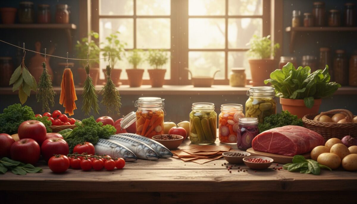 A colorful and vibrant composition featuring a variety of fresh fruits, vegetables, meat, and fish arranged artfully on a rustic wooden table. In the foreground, showcase crisp apples, ripe tomatoes, and vibrant leafy greens, interspersed with cuts of fresh fish and succulent meat. In the middle ground, include jars of preserving methods such as pickling and drying, with herbs and spices scattered around for added detail. The background reveals a cozy kitchen setting with soft, warm lighting filtering through a window, creating a homely atmosphere. Use a wide-angle lens effect to capture the entire spread, emphasizing a healthy and sustainable approach to food storage. The mood is inviting and informative, resonating with the theme of preserving food to reduce waste.