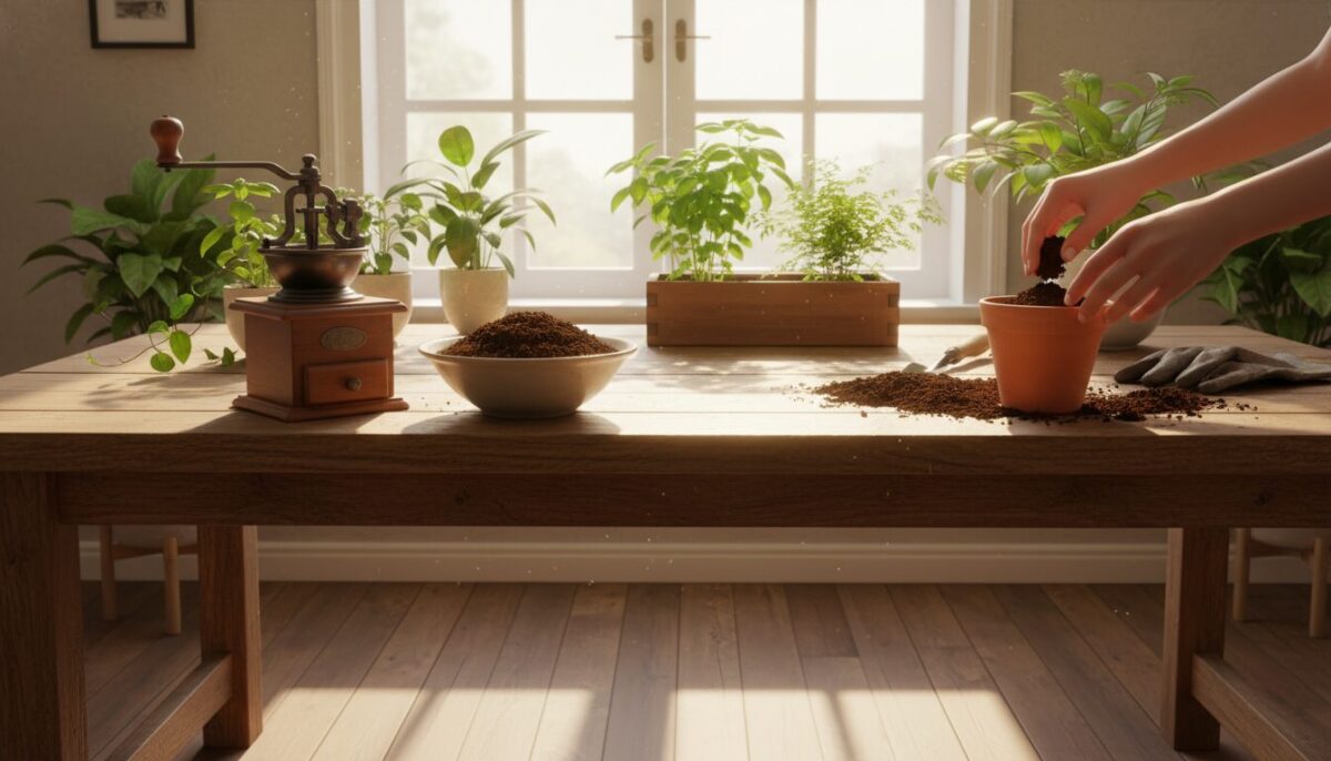 A cozy kitchen setting featuring a wooden table with a rustic coffee grinder and a bowl of used coffee grounds. In the foreground, a hand is shown preparing a small garden pot with the coffee grounds, mixing them with potting soil, highlighting sustainable gardening practices. In the middle, several indoor plants thrive, including a small herb garden with basil and mint, displaying the benefits of coffee grounds as fertilizer. The background features a bright window, letting in warm, natural light that enhances the inviting atmosphere. Soft shadows play across the scene, creating a serene mood of eco-friendliness and home gardening. A cozy kitchen setting featuring a wooden table with a rustic coffee grinder and a bowl of used coffee grounds. In the foreground, a hand is shown preparing a small garden pot with the coffee grounds, mixing them with potting soil, highlighting sustainable gardening practices. In the middle, several indoor plants thrive, including a small herb garden with basil and mint, displaying the benefits of coffee grounds as fertilizer. The background features a bright window, letting in warm, natural light that enhances the inviting atmosphere. Soft shadows play across the scene, creating a serene mood of eco-friendliness and home gardening.