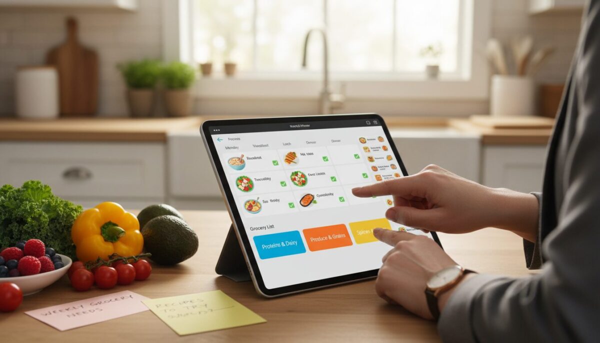 A modern, sleek digital planner interface displayed on a tablet, showcasing a well-organized weekly meal plan with vibrant food icons and checkboxes. In the foreground, a set of colorful grocery lists and recipe cards neatly arranged, reflecting a systematized approach to meal preparation. The middle ground features a pair of hands in stylish, professional attire tapping on the tablet, surrounded by fresh ingredients like vegetables and fruits, symbolizing healthy cooking choices. The background softly blurs a cozy kitchen environment with ample natural light streaming in through a window, enhancing the organized and efficient atmosphere. The overall mood is inspirational and motivational, encouraging effective planning and purposeful shopping habits.