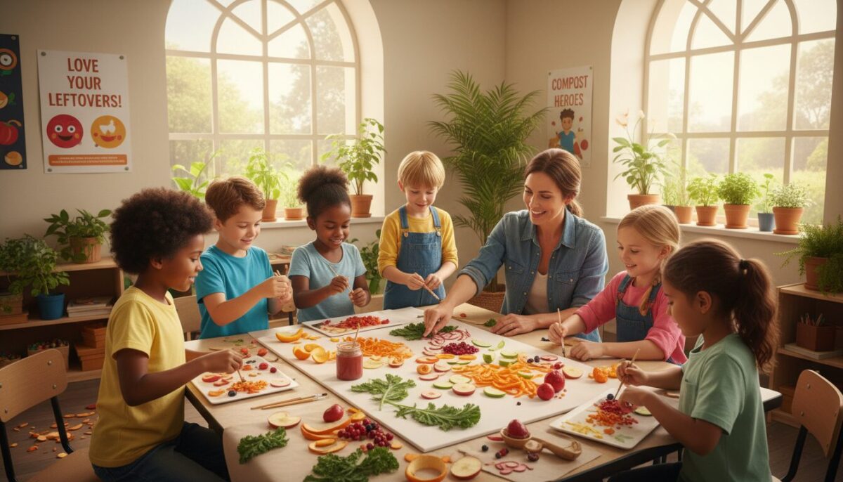 A vibrant, interactive scene illustrating playful approaches to teaching children about food waste. In the foreground, a diverse group of children aged 6-10 are engaged in a creative activity, such as painting or assembling a colorful food collage made from real fruits and vegetables, demonstrating their understanding of food sustainability. In the middle ground, a cheerful adult mentor guides them, wearing modest casual clothing and smiling warmly. The background is a sunny, inviting classroom with educational posters about food waste on the walls, and plants or a small garden visible through large windows. Soft, natural lighting streams in, creating a warm, uplifting atmosphere. The composition conveys a sense of joy, collaboration, and learning, emphasizing the importance of reducing food waste.