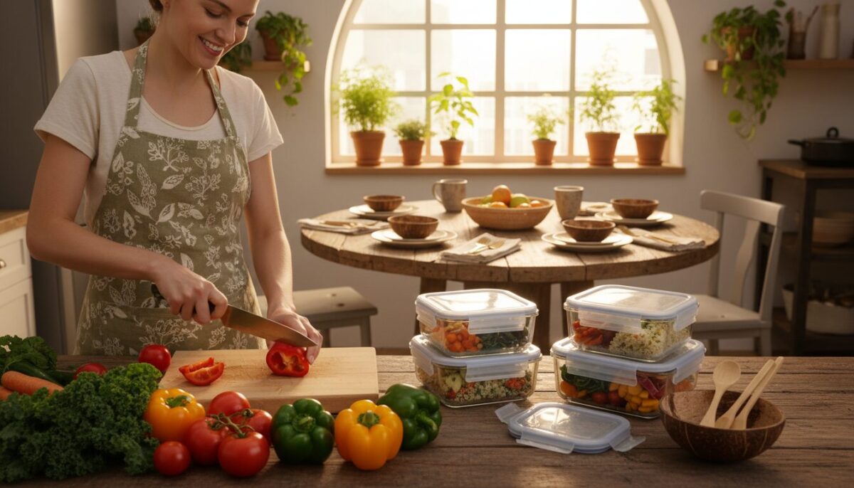 A vibrant kitchen scene showcasing sustainability in everyday cooking. In the foreground, a wooden countertop displays a variety of fresh, organic vegetables like kale, tomatoes, and bell peppers, along with a few colorful meal prep containers filled with healthy dishes. A person in a stylish, modest apron is chopping vegetables, embodying a spirit of mindful cooking. The middle ground features a rustic dining table set with eco-friendly dishware, highlighting a zero-waste philosophy with bowls made from recycled materials. In the background, sunlight streams through a large window, illuminating green houseplants and herbs growing in pots, creating a warm, inviting atmosphere. The overall mood is cheerful and inspiring, emphasizing healthy, sustainable cooking practices. The angle is slightly above the countertop, capturing the preparing process and the cozy kitchen environment.