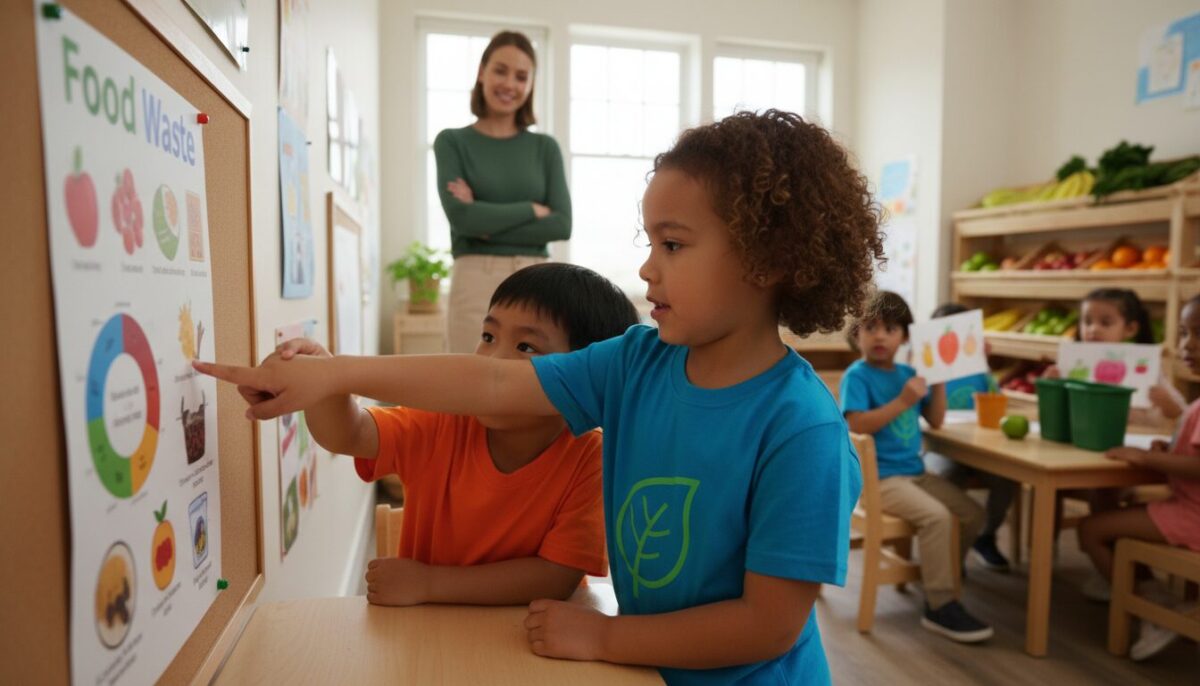 A warm, engaging classroom filled with young children of diverse ethnic backgrounds, animatedly discussing food waste. In the foreground, two children, a girl and a boy, are examining a colorful poster showing various foods and their environmental impact. The girl, wearing a cheerful blue t-shirt, points excitedly at a graph, while the boy, in a bright orange shirt, leans in with curiosity. In the middle, a teacher, modestly dressed in a smart-casual outfit, observes and encourages their enthusiasm. The background showcases shelves filled with fruits and vegetables, creating a vibrant, educational atmosphere. Soft, natural lighting enters through large windows, enhancing the cheerful and playful mood of the scene. The angle captures their expressions of curiosity and wonder, emphasizing the importance of understanding food waste.
