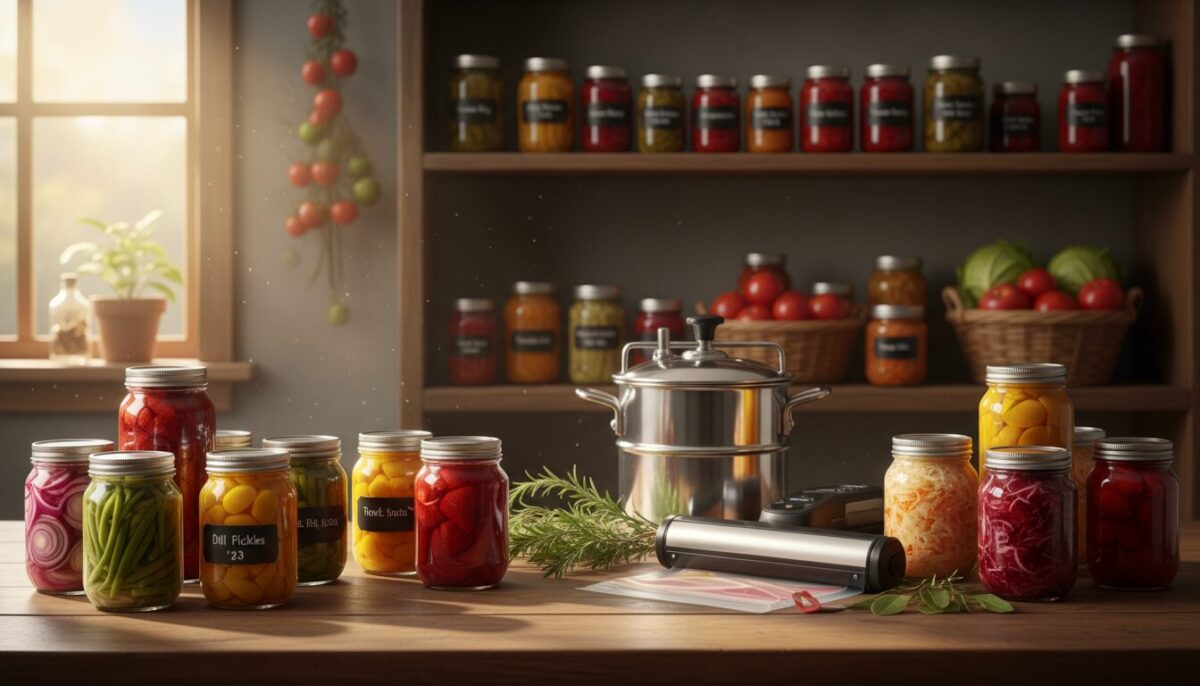 A well-organized kitchen scene demonstrating the fundamentals of food preservation. In the foreground, a wooden table displays various preserved foods in glass jars: pickled vegetables, jams, and fermented items, showcasing rich colors and textures. In the middle, an assortment of food preservation tools, such as a pressure canner, vacuum sealer, and fresh herbs, provides a sense of readiness and technique. The background features shelves filled with neatly labeled jars and fresh produce, with soft, warm lighting that creates an inviting atmosphere. A window allows natural light to filter in, illuminating the details and enhancing the homely feel of the space. The overall mood is educational and inspiring, emphasizing sustainability and the joy of food preservation.