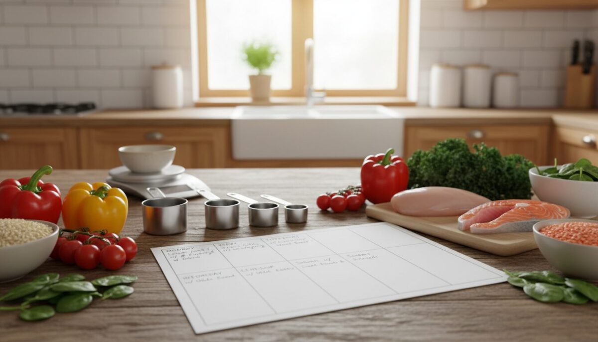 A well-organized weekly meal plan laid out on a wooden kitchen table, featuring colorful fresh vegetables, grains, and protein sources. In the foreground, a neatly written weekly planner with sections for each day, surrounded by ingredients like peppers, tomatoes, and leafy greens. In the middle ground, there are measuring cups and a digital kitchen scale, emphasizing precise planning. The background includes a cozy kitchen with warm wooden cabinets and soft natural light coming through a window, creating an inviting atmosphere. The scene conveys a sense of tranquility and preparation, ideal for a productive week ahead. Use a shallow depth of field to focus on the meal planning elements, while softly blurring the background. Overall, aim for a warm, inspiring mood to encourage healthy eating habits.