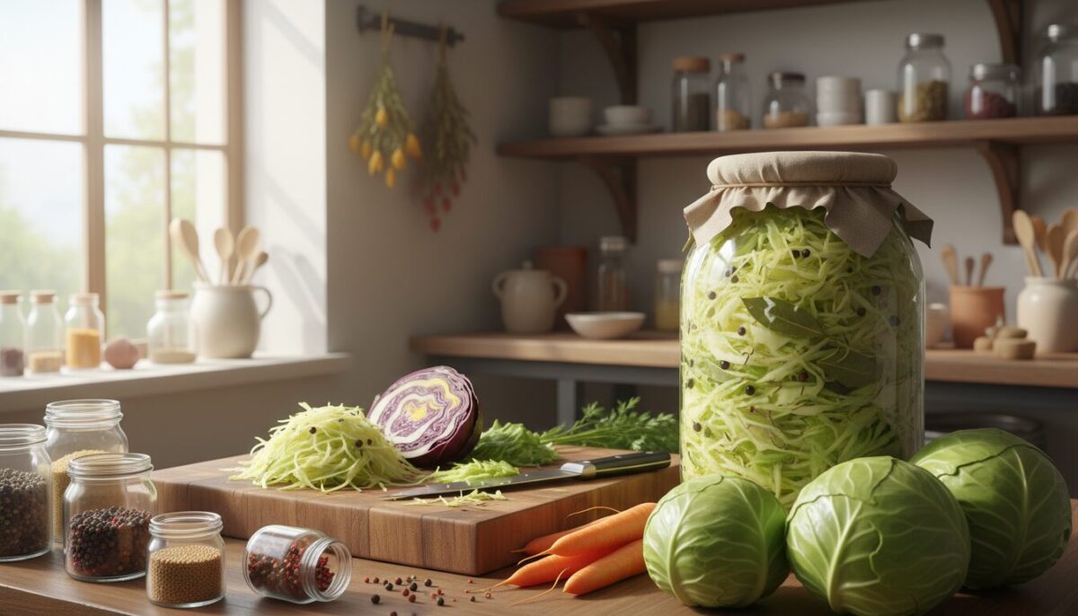 A beautifully arranged kitchen countertop featuring a traditional classic sauerkraut recipe setup. In the foreground, there’s a large glass jar filled with fermenting sauerkraut, showcasing vibrant, finely shredded green cabbage with a mix of spices visible. Surrounding the jar, fresh ingredients like whole cabbage heads, carrots, and seasoning jars create a rustic feel. In the middle ground, a wooden cutting board holds a knife beside a pile of freshly sliced cabbage, glistening under natural light streaming in from a nearby window. The background shows simple kitchen shelves adorned with additional fermentation tools, emphasizing a warm, inviting atmosphere. The scene should be bright with soft, natural lighting that enhances the lively green of the cabbage, evoking a sense of health and homemade goodness.