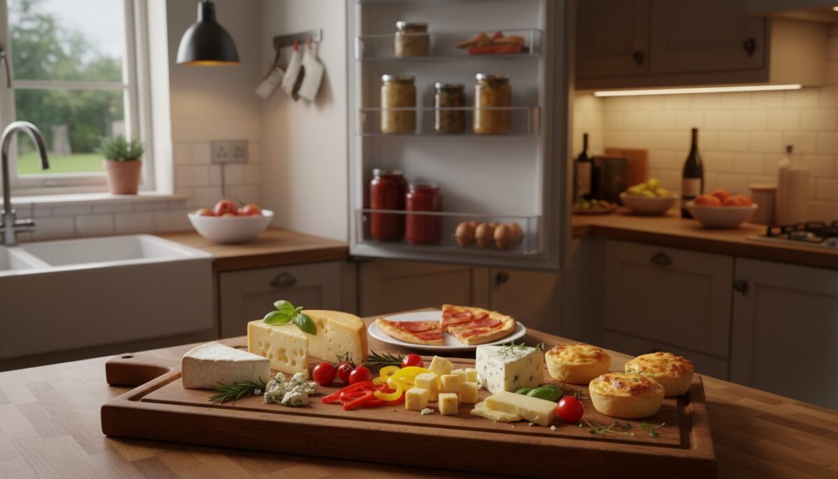 A beautifully arranged selection of various cheeses in a home kitchen setting, showcasing creative ways to use leftovers. In the foreground, a wooden cutting board displays an assortment of cheese types: brie, gouda, and blue cheese, adorned with fresh herbs and colorful vegetables like cherry tomatoes and bell peppers. In the middle ground, a well-stocked refrigerator door slightly ajar reveals jars of condiments, leftover pizza slices, and a half-empty carton of eggs. The background features a cozy kitchen with warm, inviting lighting, soft shadows, and wooden cabinets. The atmosphere is warm and friendly, conveying the idea of resourcefulness and creativity in using leftover ingredients. The shot is taken from a slight overhead angle, enhancing the visual appeal and freshness of the ingredients.