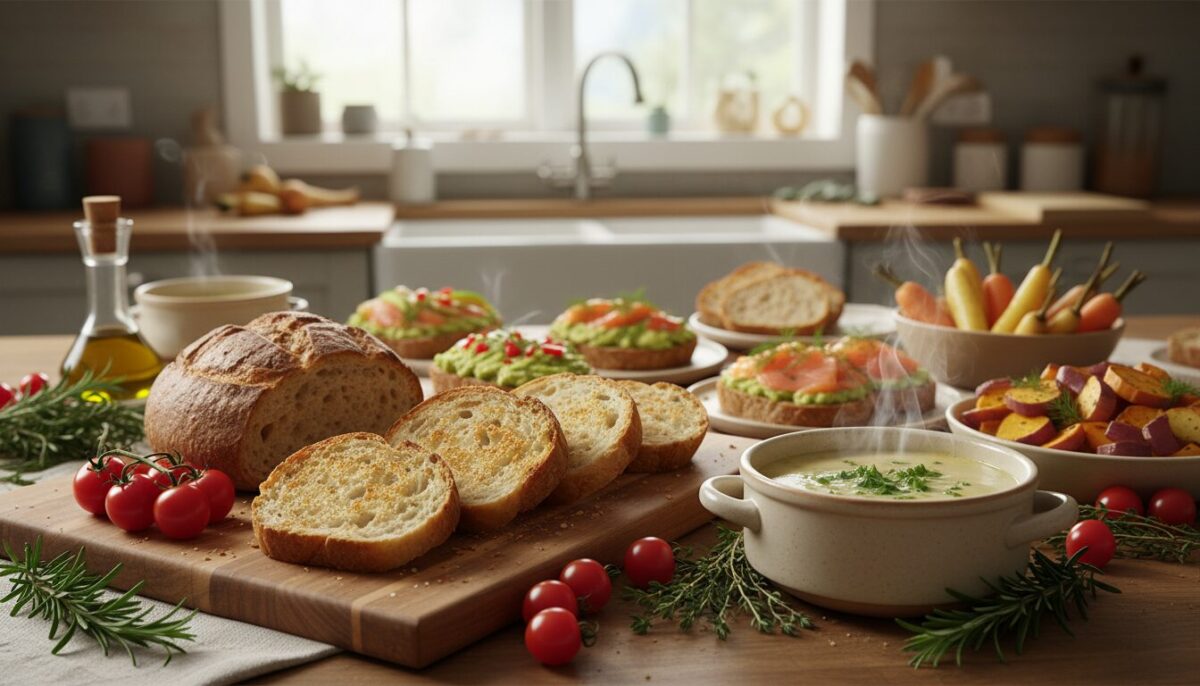 A beautifully arranged table featuring various hearty bread recipes made from stale bread. In the foreground, showcase a rustic wooden cutting board with golden crusty bread slices, a rich loaf, and a steaming bowl of creamy soup. Surround these with vibrant garnishes like fresh herbs, cherry tomatoes, and a drizzle of olive oil. In the middle, include open-faced sandwich variations topped with colorful ingredients, such as avocado, smoked salmon, and roasted vegetables. The background should feature a cozy kitchen setting with soft, natural lighting filtering through a window, highlighting the warm colors of the bread and ingredients. The mood is inviting and homey, evoking a sense of comfort and creativity in reusing old bread. A beautifully arranged table featuring various hearty bread recipes made from stale bread. In the foreground, showcase a rustic wooden cutting board with golden crusty bread slices, a rich loaf, and a steaming bowl of creamy soup. Surround these with vibrant garnishes like fresh herbs, cherry tomatoes, and a drizzle of olive oil. In the middle, include open-faced sandwich variations topped with colorful ingredients, such as avocado, smoked salmon, and roasted vegetables. The background should feature a cozy kitchen setting with soft, natural lighting filtering through a window, highlighting the warm colors of the bread and ingredients. The mood is inviting and homey, evoking a sense of comfort and creativity in reusing old bread.