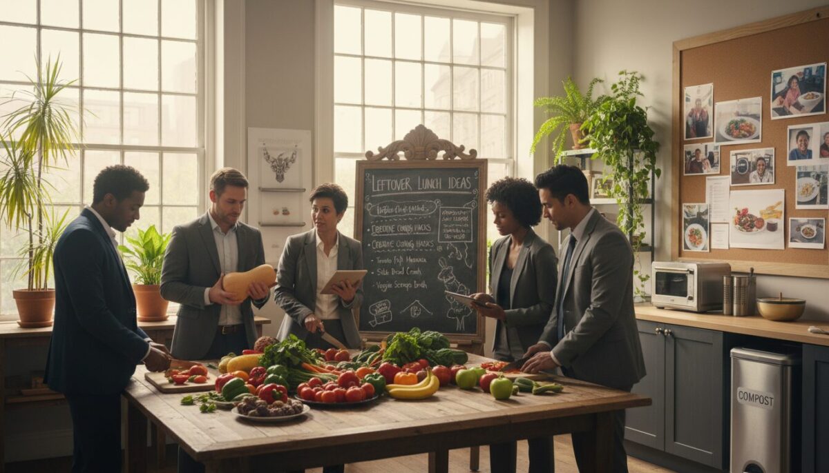 A bright and inviting indoor setting showcasing best practices in minimizing food waste. In the foreground, a diverse group of professionals in smart casual attire are collaborating over a wooden table filled with colorful, fresh produce that is about to be repurposed. On the middle ground, a chalkboard displays creative recipes and tips for using leftover ingredients, while a food waste compost bin is neatly placed nearby. In the background, large windows allow natural light to flood the room, illuminating green plants and a wall with photos of successful food rescue initiatives. The mood is optimistic and collaborative, emphasizing innovation and sustainability in tackling food waste.