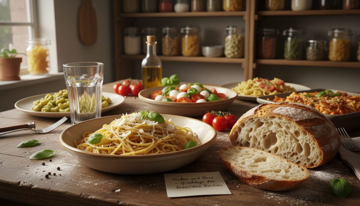 A cozy kitchen scene featuring a wooden table filled with a variety of delicious pasta dishes and freshly baked bread. In the foreground, a steaming bowl of spaghetti topped with herbs sits alongside a rustic loaf of bread, sliced to reveal its fluffy interior. In the middle ground, a vibrant salad complements the meal, with a clear glass of water reflecting light from a nearby window. The background showcases shelves filled with jars of spices and ingredients, enhancing the homey atmosphere. Soft, natural light pours in from the window, creating a warm and inviting mood. Capture the essence of "Nudeln und Brot" as the foundation for creative cooking. Use a warm color palette with a shallow depth of field to emphasize the food.