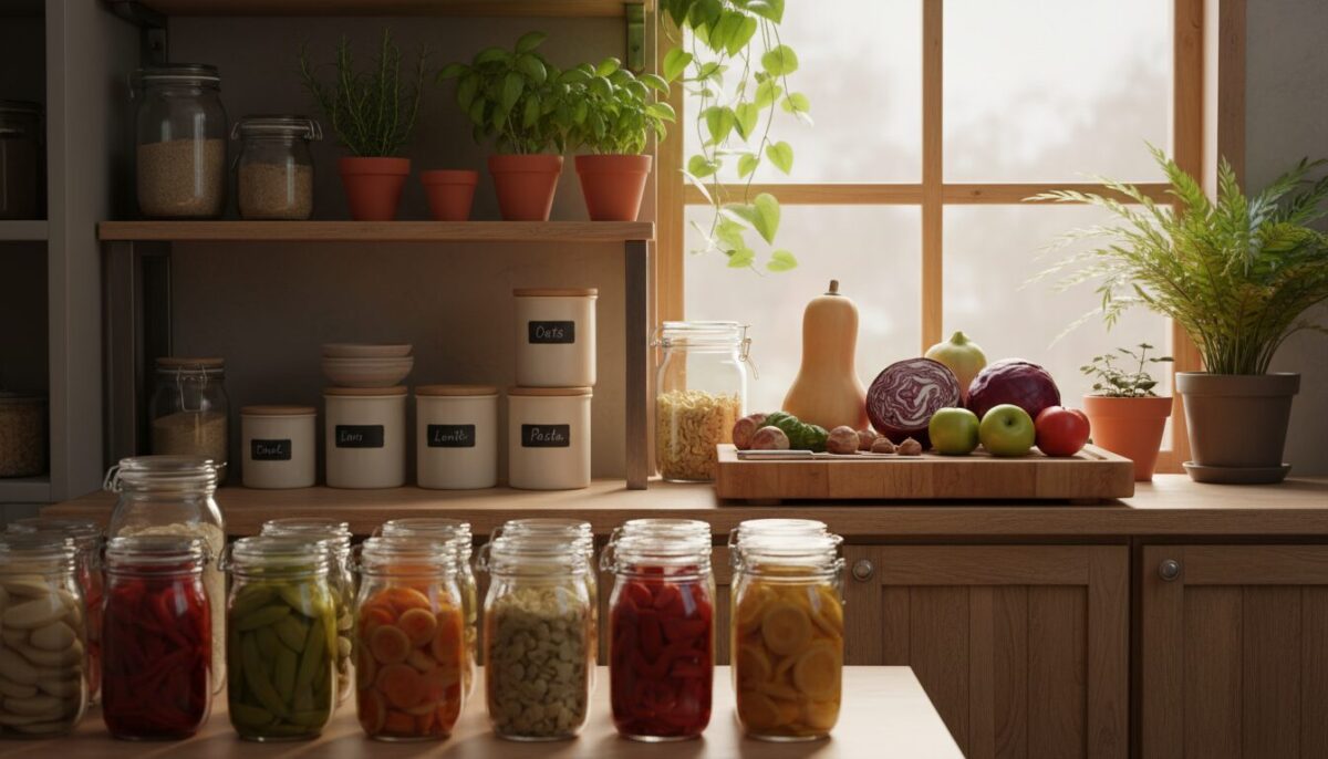 A cozy kitchen setting displaying various food storage methods for optimal preservation. In the foreground, there are neatly arranged glass jars filled with colorful fruits and vegetables, showcasing the concept of preserving food. The middle ground features wooden shelves with labeled containers, fresh herbs in small pots, and a cutting board with a variety of seasonal produce. In the background, warm, natural light flows through a window, highlighting the rustic wooden cabinetry and green plants, creating a welcoming atmosphere. The scene emphasizes sustainability and minimal waste, inviting viewers to embrace zero waste kitchen practices. Soft, warm lighting enhances the inviting mood, while maintaining a clean and organized appearance.