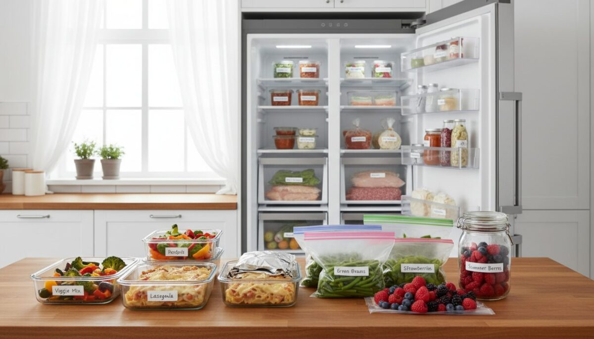 A modern kitchen scene showcasing various types of food items being prepared for freezing. In the foreground, an elegant wooden countertop displays neatly packaged leftovers, such as neatly wrapped portions of casserole, vegetables in resealable bags, and fruits in containers. In the middle ground, a well-organized freezer is partially open, revealing a multitude of colorful frozen foods stacked on shelves, with clear labels indicating their contents. The background features a clean and bright kitchen with soft, diffused natural light pouring in from a window, creating a warm and inviting atmosphere. The overall mood should convey practical tips for food storage while emphasizing freshness and organization. A slight focus on the textures and colors of the food items enhances the appeal, captured from a slightly elevated angle to provide depth. A modern kitchen scene showcasing various types of food items being prepared for freezing. In the foreground, an elegant wooden countertop displays neatly packaged leftovers, such as neatly wrapped portions of casserole, vegetables in resealable bags, and fruits in containers. In the middle ground, a well-organized freezer is partially open, revealing a multitude of colorful frozen foods stacked on shelves, with clear labels indicating their contents. The background features a clean and bright kitchen with soft, diffused natural light pouring in from a window, creating a warm and inviting atmosphere. The overall mood should convey practical tips for food storage while emphasizing freshness and organization. A slight focus on the textures and colors of the food items enhances the appeal, captured from a slightly elevated angle to provide depth.
