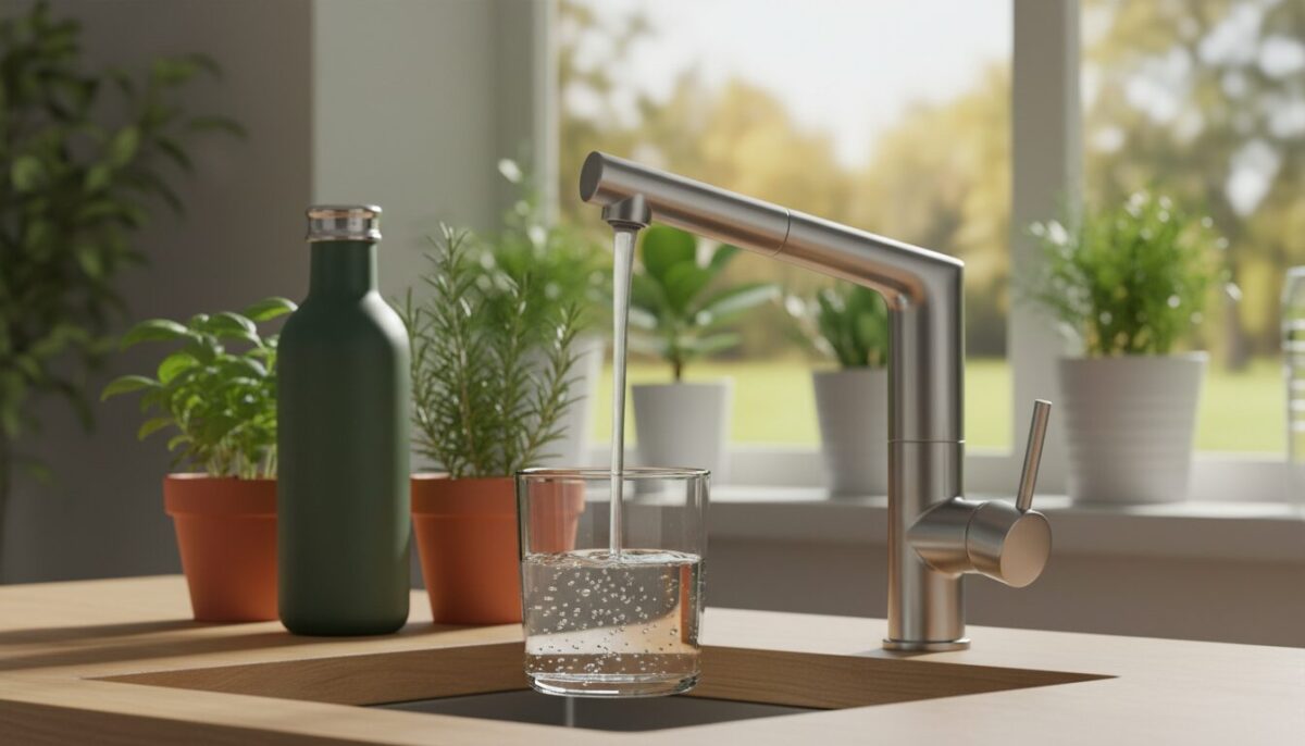 A modern stainless steel kitchen faucet (wasserhahn) with a sleek design stands prominently in the foreground, water trickling gracefully from its spout into a clear glass placed underneath. The faucet is polished and reflective, showcasing its contemporary aesthetic. In the middle ground, a wooden countertop holds various sustainable kitchen items like a reusable water bottle and fresh herbs in pots, emphasizing eco-friendliness. The background features a softly lit kitchen with green plants on windowsills and a sunlit view, creating a warm and inviting atmosphere. The lighting is bright yet soft, filtering through the window, enhancing the sense of freshness and cleanliness. The overall mood is serene and inspiring, inviting viewers to embrace water-saving habits in their daily routines. A modern stainless steel kitchen faucet (wasserhahn) with a sleek design stands prominently in the foreground, water trickling gracefully from its spout into a clear glass placed underneath. The faucet is polished and reflective, showcasing its contemporary aesthetic. In the middle ground, a wooden countertop holds various sustainable kitchen items like a reusable water bottle and fresh herbs in pots, emphasizing eco-friendliness. The background features a softly lit kitchen with green plants on windowsills and a sunlit view, creating a warm and inviting atmosphere. The lighting is bright yet soft, filtering through the window, enhancing the sense of freshness and cleanliness. The overall mood is serene and inspiring, inviting viewers to embrace water-saving habits in their daily routines.
