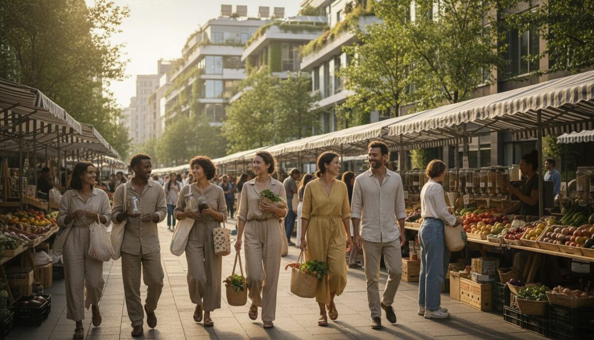 A modern, sustainable lifestyle scene depicting a casual shopping experience in a vibrant urban environment. In the foreground, a diverse group of individuals, dressed in comfortable and modest casual clothing, joyfully carries reusable shopping bags filled with eco-friendly products. In the middle, a bustling outdoor market stands, showcasing stalls brimming with fresh produce, organic goods, and handmade items, all made from recycled or sustainable materials. The background features green spaces and solar panels on buildings, highlighting a commitment to sustainability. Soft, warm sunlight filters through the trees, creating a cheerful and inviting atmosphere. The overall mood is one of community, harmony, and proactive engagement in sustainable consumption practices.