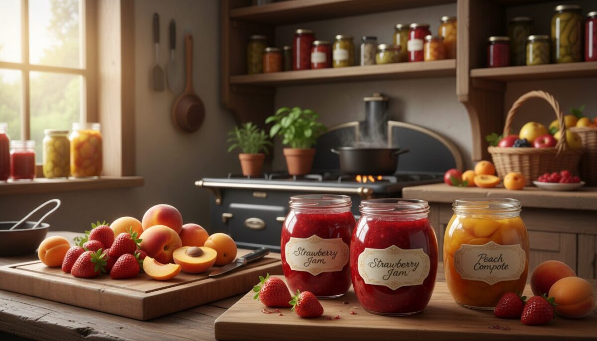 A rustic kitchen scene featuring homemade jam and fruit compote. In the foreground, there are glass jars filled with vibrant, glossy strawberry jam and golden peach compote, their labels handwritten in charming calligraphy. A wooden cutting board displays overripe fruits such as plump strawberries, juicy peaches, and ripe apricots, with some fruit being sliced. In the middle ground, a cozy stove is adorned with fresh herbs and a simmering pot, emphasizing the warmth of homemade cooking. The background shows shelves filled with colorful jars and fruit baskets, complemented by soft, natural light streaming through a window, creating a welcoming, nostalgic atmosphere. The composition is captured with a slight overhead angle, emphasizing the lush details and inviting textures of the scene. A rustic kitchen scene featuring homemade jam and fruit compote. In the foreground, there are glass jars filled with vibrant, glossy strawberry jam and golden peach compote, their labels handwritten in charming calligraphy. A wooden cutting board displays overripe fruits such as plump strawberries, juicy peaches, and ripe apricots, with some fruit being sliced. In the middle ground, a cozy stove is adorned with fresh herbs and a simmering pot, emphasizing the warmth of homemade cooking. The background shows shelves filled with colorful jars and fruit baskets, complemented by soft, natural light streaming through a window, creating a welcoming, nostalgic atmosphere. The composition is captured with a slight overhead angle, emphasizing the lush details and inviting textures of the scene.