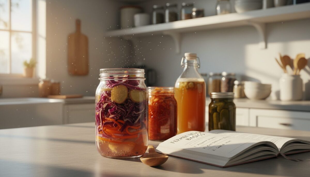A serene kitchen countertop scene centered around fermentation. In the foreground, a glass jar filled with colorful vegetables undergoing the fermentation process, with bubbles forming inside to indicate activity. A wooden spoon rests beside an open recipe book that displays clear, simple instructions on fermentation. In the middle, a softly lit backdrop showing jars of various fermented foods like kimchi, pickles, and kombucha, creating a sense of abundance and learning. The background features soft focus shelves lined with clean, organized jars, herbs, and kitchen tools, emphasizing a tidy and inviting cooking space. Warm, natural lighting filters in from a window, casting gentle shadows that enhance the calm and encouraging atmosphere of a beginner-friendly fermentation environment.