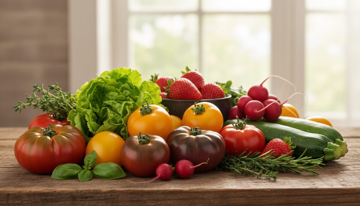 A vibrant and bountiful arrangement of seasonal fruits, vegetables, salads, and herbs displayed artistically on a rustic wooden table. In the foreground, showcase colorful heirloom tomatoes, crisp green lettuce, and fresh basil along with rosemary and thyme sprigs, creating a feast for the eyes. The middle ground features an array of seasonal produce like bright strawberries, radishes, and zucchinis, emphasizing their freshness. In the background, blurred soft light filters through a window, creating a warm, inviting atmosphere. Use natural lighting to enhance the vivid colors and textures of the produce, capturing the essence of seasonal eating. The angle should be slightly from above, allowing all elements to be visible, evoking a cheerful and inspiring mood.