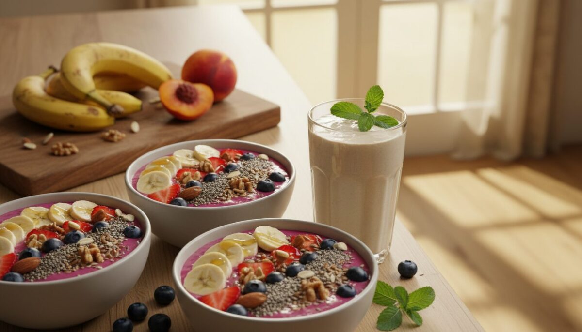 A vibrant and enticing composition of smoothies and smoothie bowls made with overripe fruits. In the foreground, showcase an array of colorful smoothie bowls topped with slices of bananas, strawberries, and blueberries, drizzled with honey and sprinkled with nuts and seeds. A smoothie with a creamy texture is in a clear glass, adorned with fresh mint leaves. The middle ground features a sunny kitchen counter, with a wooden cutting board displaying various overripe fruits like ripe bananas and overripe peaches. In the background, soft natural light streams in through a window, creating a warm and inviting atmosphere, accentuated by gentle shadows. The focus is sharp, capturing the freshness of the ingredients, evoking a cheerful, healthy lifestyle perfect for everyday recipes. A vibrant and enticing composition of smoothies and smoothie bowls made with overripe fruits. In the foreground, showcase an array of colorful smoothie bowls topped with slices of bananas, strawberries, and blueberries, drizzled with honey and sprinkled with nuts and seeds. A smoothie with a creamy texture is in a clear glass, adorned with fresh mint leaves. The middle ground features a sunny kitchen counter, with a wooden cutting board displaying various overripe fruits like ripe bananas and overripe peaches. In the background, soft natural light streams in through a window, creating a warm and inviting atmosphere, accentuated by gentle shadows. The focus is sharp, capturing the freshness of the ingredients, evoking a cheerful, healthy lifestyle perfect for everyday recipes.