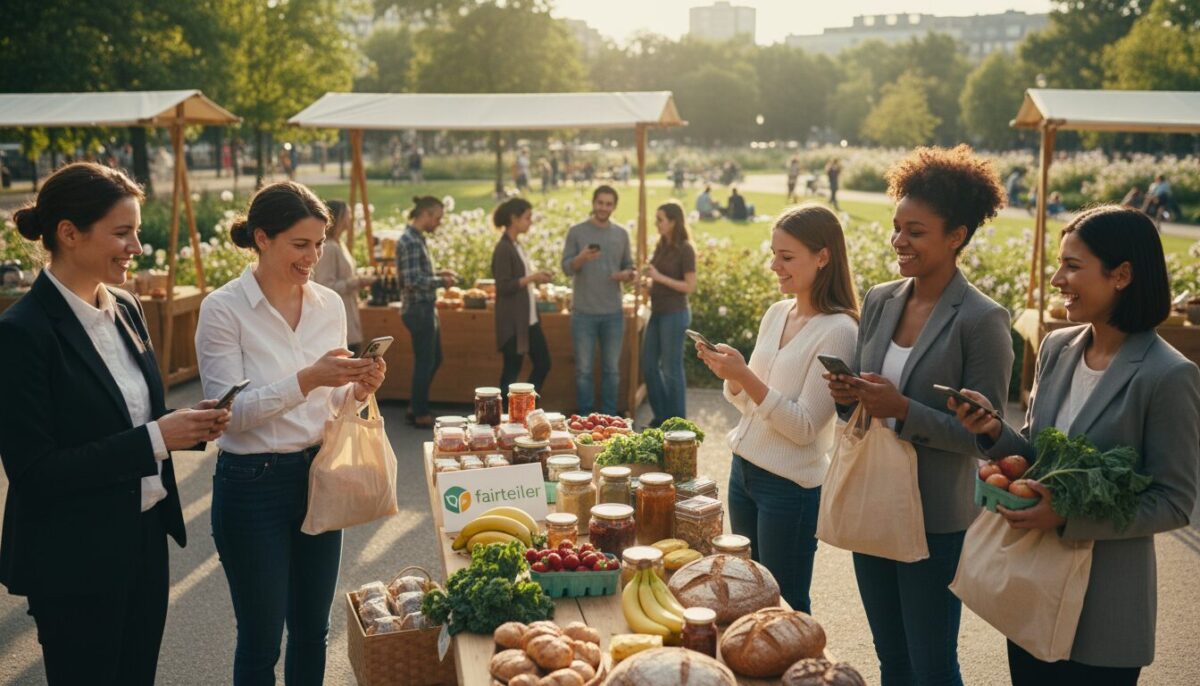 A vibrant, community-oriented scene depicting a diverse group of people engaging in the fairteiler app to share food. In the foreground, smiling individuals using smartphones, dressed in professional business attire and modest casual clothing, are exchanging groceries with each other, showcasing fresh vegetables, fruits, and baked goods. The middle ground features a colorful, inviting marketplace with a variety of food items displayed on wooden tables. The background shows a sunny urban park, filled with greenery and people enjoying the day, enhancing the sense of community and togetherness. Soft, warm lighting creates an optimistic atmosphere, evoking a sense of hope and sustainability. The image should have a slight depth of field, focusing on the joyful interactions while still capturing the broader community engagement around food sharing. A vibrant, community-oriented scene depicting a diverse group of people engaging in the fairteiler app to share food. In the foreground, smiling individuals using smartphones, dressed in professional business attire and modest casual clothing, are exchanging groceries with each other, showcasing fresh vegetables, fruits, and baked goods. The middle ground features a colorful, inviting marketplace with a variety of food items displayed on wooden tables. The background shows a sunny urban park, filled with greenery and people enjoying the day, enhancing the sense of community and togetherness. Soft, warm lighting creates an optimistic atmosphere, evoking a sense of hope and sustainability. The image should have a slight depth of field, focusing on the joyful interactions while still capturing the broader community engagement around food sharing.