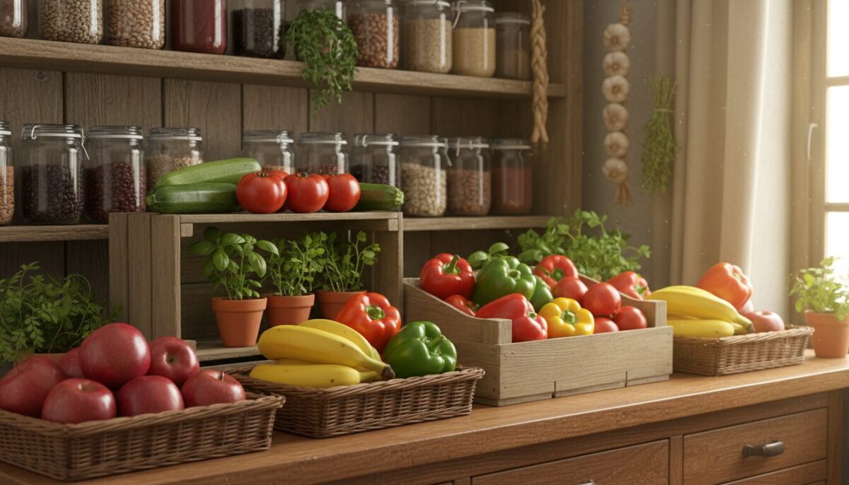 A vibrant display of fresh fruits and vegetables arranged in a well-organized storage setting. In the foreground, there are glossy apples, bananas, and vibrant bell peppers, all resting in natural wicker baskets. The middle ground features a wooden crate overflowing with seasonal produce, such as ripe tomatoes and zucchini, while a few herbs, like basil and cilantro, peek from small pots. The background shows a rustic wooden shelf lined with jars of dried goods and a subtle hint of natural light filtering in, creating a warm ambiance. The image captures a sense of freshness and health, encouraging viewers to appreciate proper food storage. The overall mood is inviting and farm-fresh, emphasizing the importance of storing produce outside the refrigerator.