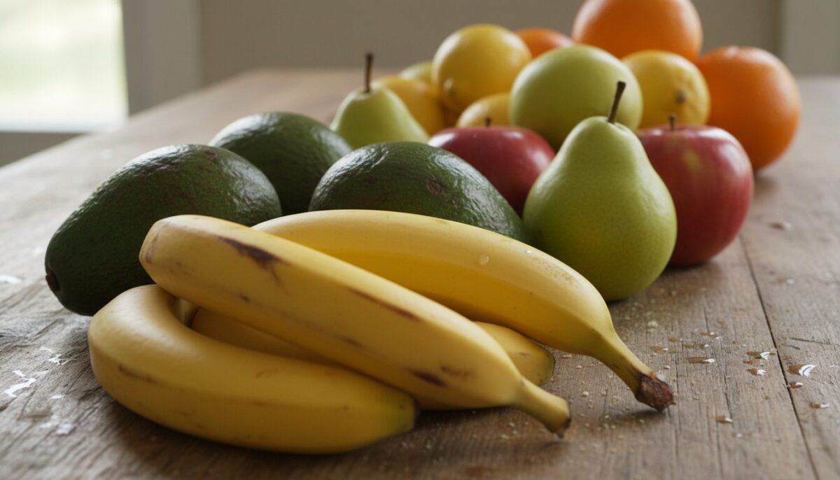 A vibrant display of ripening and non-ripening fruits arranged artistically. In the foreground, showcase a cluster of colorful ripe bananas and avocados, with speckled with slight imperfections, symbolizing the ripening process. In the middle, include firm pears and apples, emphasizing their readiness for immediate consumption. In the background, a blurred selection of citrus fruits like lemons and oranges, representing fruits that do not ripen after picking. Use soft, natural lighting to highlight the fruits' textures and colors, with a slight emphasis on the ripening bananas. The image should evoke a fresh and inviting atmosphere, with a warm, homey feel, as if presented on a rustic wooden table. Capture the scene from a slightly elevated angle to provide depth and perspective.
