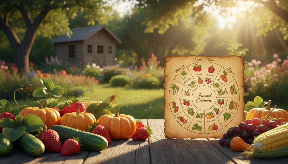 A vibrant seasonal calendar showcasing various fruits and vegetables prominently displayed. In the foreground, an array of fresh produce like strawberries, cucumbers, and pumpkins lie artistically arranged on a rustic wooden table. The middle ground features a circular seasonal chart, divided into segments indicating which produce is in season during each month. The background has a blurred garden landscape filled with plants and flowers in soft focus, suggesting an outdoor farming setting. Natural sunlight filters through the leaves, creating a warm, inviting atmosphere. The overall mood is fresh and informative, perfect for illustrating the importance and benefits of seasonal eating. The image should be well-composed with a warm color palette, evoking a sense of nourishment and natural abundance.