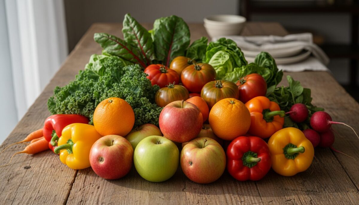A vibrant still life composition showcasing an array of rescued fruits and vegetables. In the foreground, glossy apples, radiant oranges, and colorful bell peppers are artfully arranged, highlighting their freshness. In the middle ground, a collection of leafy greens and heirloom tomatoes adds texture and variety, reflecting the diversity of rescued produce. The background features a rustic wooden table setting under soft, natural daylight that casts gentle shadows, creating a warm and inviting atmosphere. The overall mood is uplifting and hopeful, emphasizing the importance of food sustainability and reducing waste. Use a slightly elevated angle for an enticing view that invites the viewer into the scene. A vibrant still life composition showcasing an array of rescued fruits and vegetables. In the foreground, glossy apples, radiant oranges, and colorful bell peppers are artfully arranged, highlighting their freshness. In the middle ground, a collection of leafy greens and heirloom tomatoes adds texture and variety, reflecting the diversity of rescued produce. The background features a rustic wooden table setting under soft, natural daylight that casts gentle shadows, creating a warm and inviting atmosphere. The overall mood is uplifting and hopeful, emphasizing the importance of food sustainability and reducing waste. Use a slightly elevated angle for an enticing view that invites the viewer into the scene.