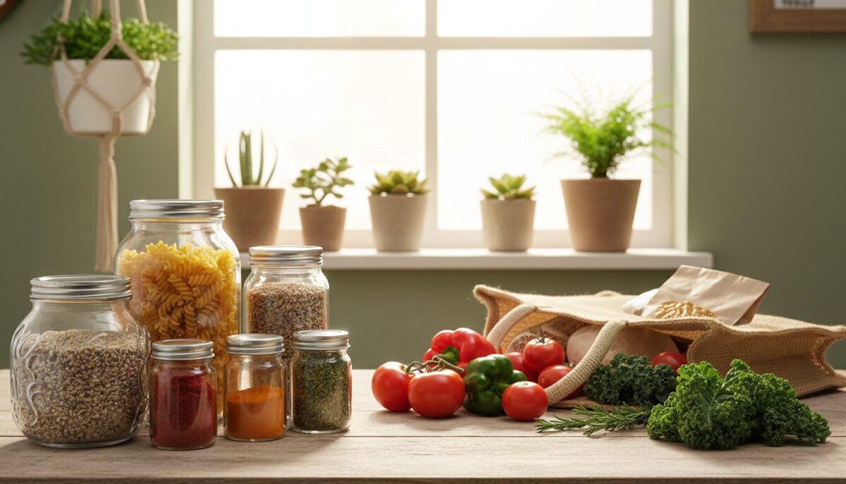 A vibrant still life showcasing reusable glass packaging in an eco-friendly kitchen setting. In the foreground, a variety of beautifully designed glass containers with metal lids, filled with grains, pasta, and spices. The midground features a chic wooden table adorned with fresh vegetables and herbs, complemented by a reusable tote bag made from natural fibers. In the background, a sunlit window with potted plants creates a warm, inviting atmosphere. Soft, natural lighting bathes the scene, highlighting the textures of the glass and the colors of the food. The overall mood is sustainable and harmonious, emphasizing the importance of choosing reusable over single-use packaging in daily life.