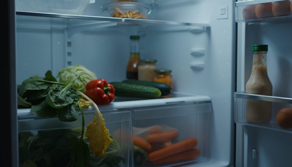 A visually engaging, dimly lit interior of a refrigerator, showing wilted vegetables like spinach, lettuce, and bell peppers in the foreground, with their drooping leaves and limp forms contrasting against the bright metallic surfaces. The middle ground reveals organized shelves with less affected produce, highlighting the difference between fresh and wilted items. In the background, an open fridge door emits a soft, cool light, casting subtle shadows that enhance the atmosphere of neglect. Include an inviting yet somber mood, emphasizing the theme of vegetable care. The composition should capture a close-up perspective, focusing on texture and detail, showcasing the reasons behind vegetable wilting, and creating a professional yet relatable visual story.