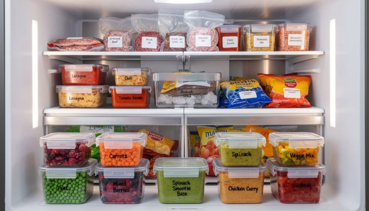 A well-organized kitchen freezer scene showcasing neatly labeled containers of various frozen foods. In the foreground, there are several transparent plastic containers filled with colorful vegetables, fruits, and meals, all with clear, handwritten labels like "Peas," "Carrots," and "Chicken Curry." The middle ground features an open freezer with shelves displaying an array of frozen items, all clearly identified. In the background, soft lighting highlights the metallic surfaces of the freezer, providing a clean and functional atmosphere. The angle of the image captures both the containers and the interior of the freezer, evoking a sense of order and practicality. The overall mood is efficient and inviting, encouraging viewers to take control of their food storage. A well-organized kitchen freezer scene showcasing neatly labeled containers of various frozen foods. In the foreground, there are several transparent plastic containers filled with colorful vegetables, fruits, and meals, all with clear, handwritten labels like "Peas," "Carrots," and "Chicken Curry." The middle ground features an open freezer with shelves displaying an array of frozen items, all clearly identified. In the background, soft lighting highlights the metallic surfaces of the freezer, providing a clean and functional atmosphere. The angle of the image captures both the containers and the interior of the freezer, evoking a sense of order and practicality. The overall mood is efficient and inviting, encouraging viewers to take control of their food storage.