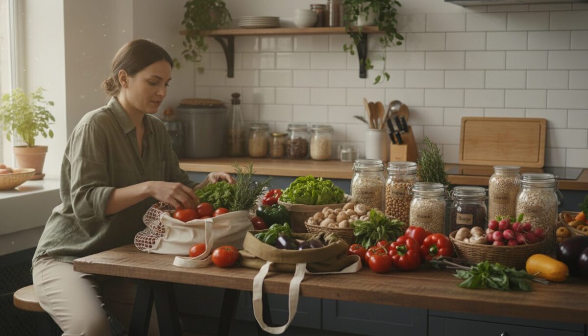 A well-organized kitchen scene featuring a stylish wooden table filled with fresh, colorful produce like tomatoes, lettuce, and herbs, symbolizing mindful shopping. In the foreground, a person dressed in modest casual clothing is carefully selecting and arranging items in reusable bags. In the middle ground, there are glass jars filled with grains and pulses, representing sustainable storage solutions. The background showcases a well-lit kitchen with plants and eco-friendly utensils, reflecting a vibrant and wholesome atmosphere. Soft natural lighting filters through a nearby window, creating a warm and inviting ambiance. The composition focuses on the elements of conscious purchasing and smart stockpiling, without any text, ensuring clarity and relevance to the theme of sustainability. A well-organized kitchen scene featuring a stylish wooden table filled with fresh, colorful produce like tomatoes, lettuce, and herbs, symbolizing mindful shopping. In the foreground, a person dressed in modest casual clothing is carefully selecting and arranging items in reusable bags. In the middle ground, there are glass jars filled with grains and pulses, representing sustainable storage solutions. The background showcases a well-lit kitchen with plants and eco-friendly utensils, reflecting a vibrant and wholesome atmosphere. Soft natural lighting filters through a nearby window, creating a warm and inviting ambiance. The composition focuses on the elements of conscious purchasing and smart stockpiling, without any text, ensuring clarity and relevance to the theme of sustainability.