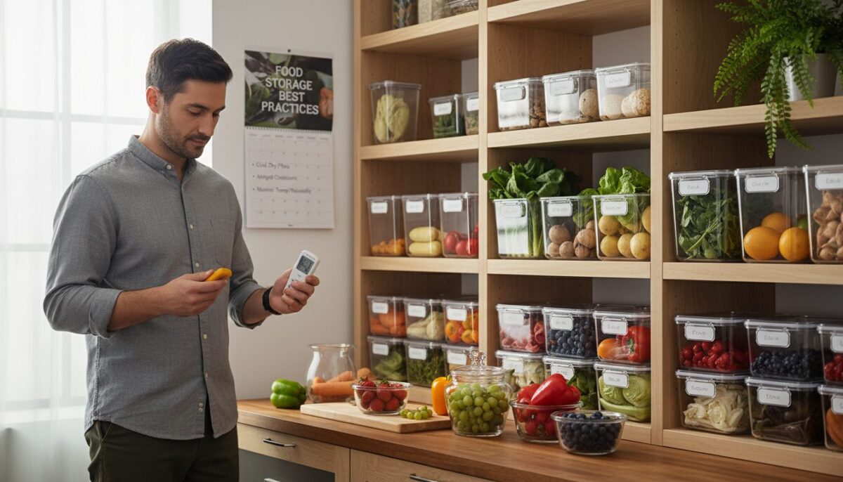 A well-organized kitchen storage area featuring a variety of fresh foods, such as fruits and vegetables, displayed in clear containers. In the foreground, a professional chef in modest casual clothing examines the temperature and humidity levels with a thermometer and hygrometer. The middle ground showcases neatly arranged shelves, lit by soft, natural light filtering through a large window, highlighting the vibrant colors of the produce. The backdrop features a wall calendar with food storage best practices and a plant providing a touch of greenery. The overall mood is clean, inviting, and informative, emphasizing the importance of optimal storage conditions for food freshness.