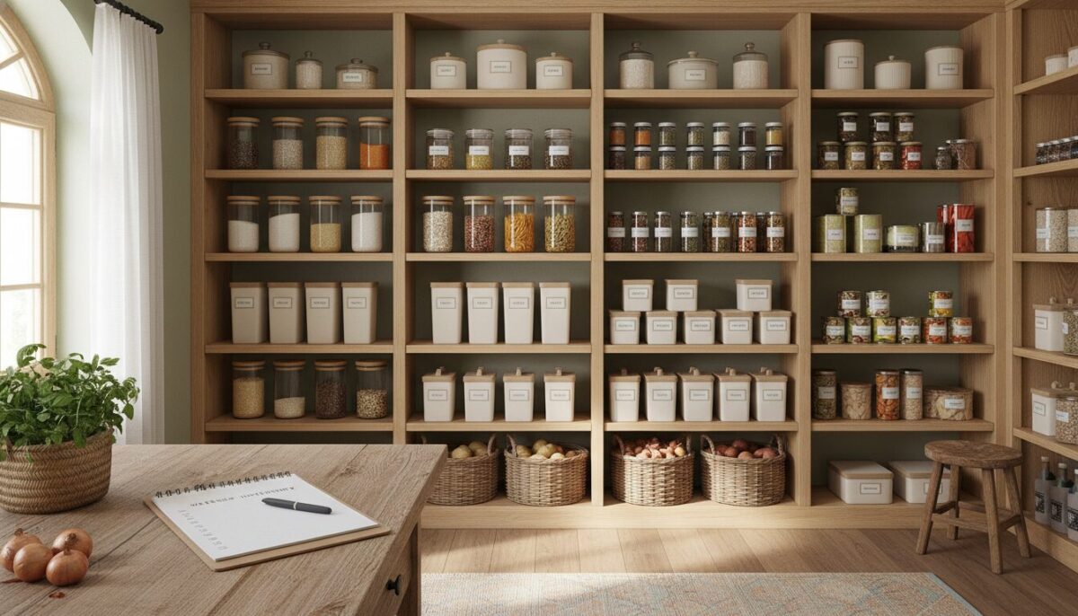 A well-organized pantry (Vorratskammer) showcasing neatly arranged shelves stocked with various food items, jars, and containers. In the foreground, a wooden countertop with a checklist and a notebook, emphasizing preparation and inventory. In the middle, shelves displaying grains, canned goods, and herbs in clear jars, meticulously categorized for easy access. The background features a warm, softly lit room with natural light streaming through a small window, creating an inviting atmosphere. The color palette includes earth tones and pastel shades, conveying a sense of calm and organization. The image captures the essence of a well-maintained space, perfect for storing supplies and minimizing waste.