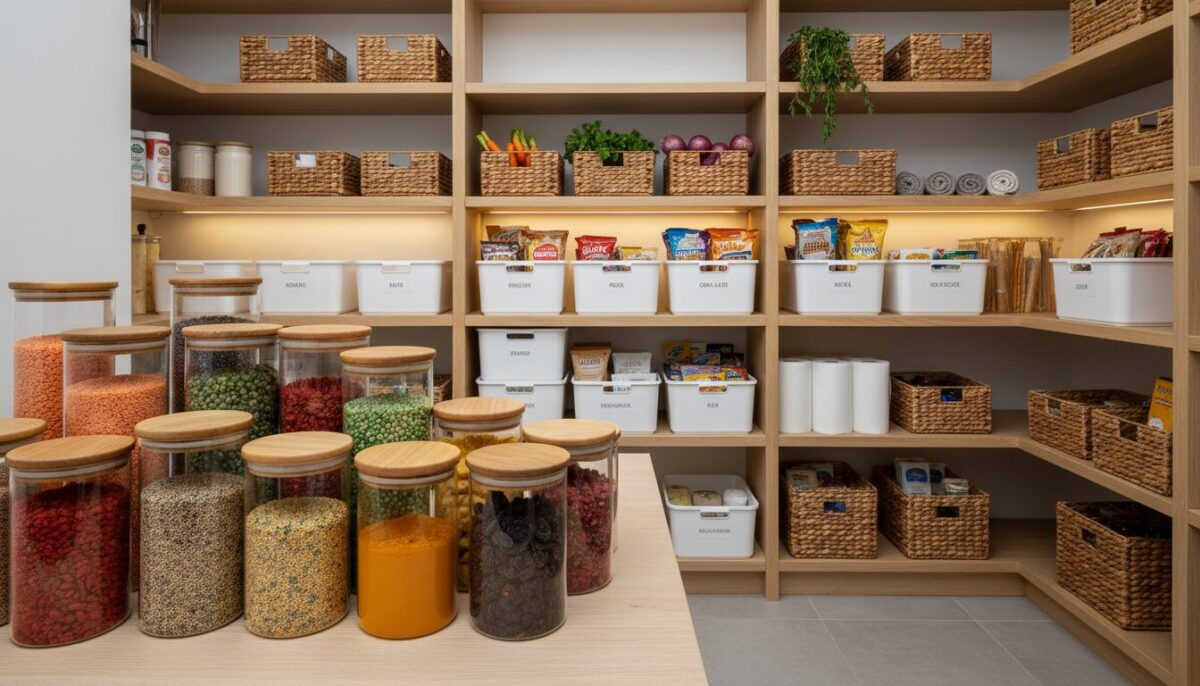 A well-organized pantry displaying a variety of storage containers in a harmonious arrangement. In the foreground, glass jars with wooden lids filled with colorful grains, spices, and dried fruits create a vibrant focal point. The middle area features stackable plastic containers with clear lids, showcasing neatly arranged snacks and ingredients. In the background, wooden shelves lined with wicker baskets filled with fresh produce and kitchen essentials enhance the natural ambiance. Soft, warm lighting casts gentle shadows, creating an inviting atmosphere. The scene is shot with a wide-angle lens, emphasizing depth and organization. The overall mood conveys a sense of cleanliness, efficiency, and sustainability in food storage.