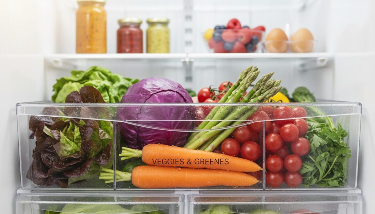 A well-organized refrigerator vegetable drawer, showcasing a variety of fresh, vibrant vegetables, such as crisp green lettuce, bright orange carrots, and rich purple cabbage. The foreground features a close-up of pristine vegetables with droplets of water, emphasizing their freshness. In the middle, the drawer is lined neatly, allowing for optimal airflow, with compartments for different types of produce, showcasing an organized storage system. The background softly blurs, hinting at other sections of the fridge filled with colorful fruits and condiments. Natural light filters in from an open fridge door, casting a soft glow that enhances the cheerful, fresh atmosphere. The overall mood is inviting and informative, perfect for illustrating effective vegetable storage tips.