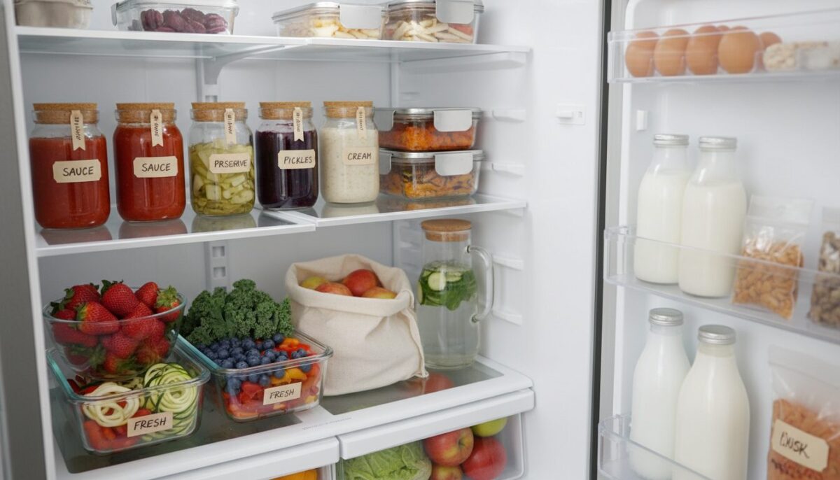 A well-organized refrigerator viewed from an angled perspective, showcasing a clean and efficient layout. In the foreground, vibrant fruits and vegetables are arranged in clear containers, reflecting freshness and sustainability. The middle section features neatly stacked jars with labels, containing homemade sauces and preserves, emphasizing a waste-reduction lifestyle. The background includes a few open compartments, displaying dairy products and neatly packaged leftovers, all perfectly arranged to minimize food waste. Soft, natural lighting filters in, creating a warm and inviting atmosphere. The scene conveys an eco-friendly approach, inspiring viewers to adopt better food storage practices. The overall mood is cheerful and organized, promoting a sense of sustainability.