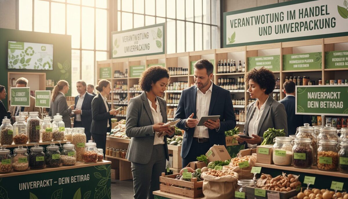 A professional marketplace scene highlighting "Verantwortung im Handel und Umverpackung". In the foreground, a diverse group of well-dressed individuals, including a woman inspecting eco-friendly packaging for groceries and a man discussing sustainable practices with a colleague. The middle ground features a neatly organized display of food items in reusable containers, emphasizing responsible retail strategies. In the background, shelves are stocked with a variety of products, clearly labeled with sustainability messages. Soft natural lighting illuminates the scene, creating a warm and inviting atmosphere. The overall mood conveys a sense of responsibility and community in food trade, with a focus on sustainability and eco-conscious choices.