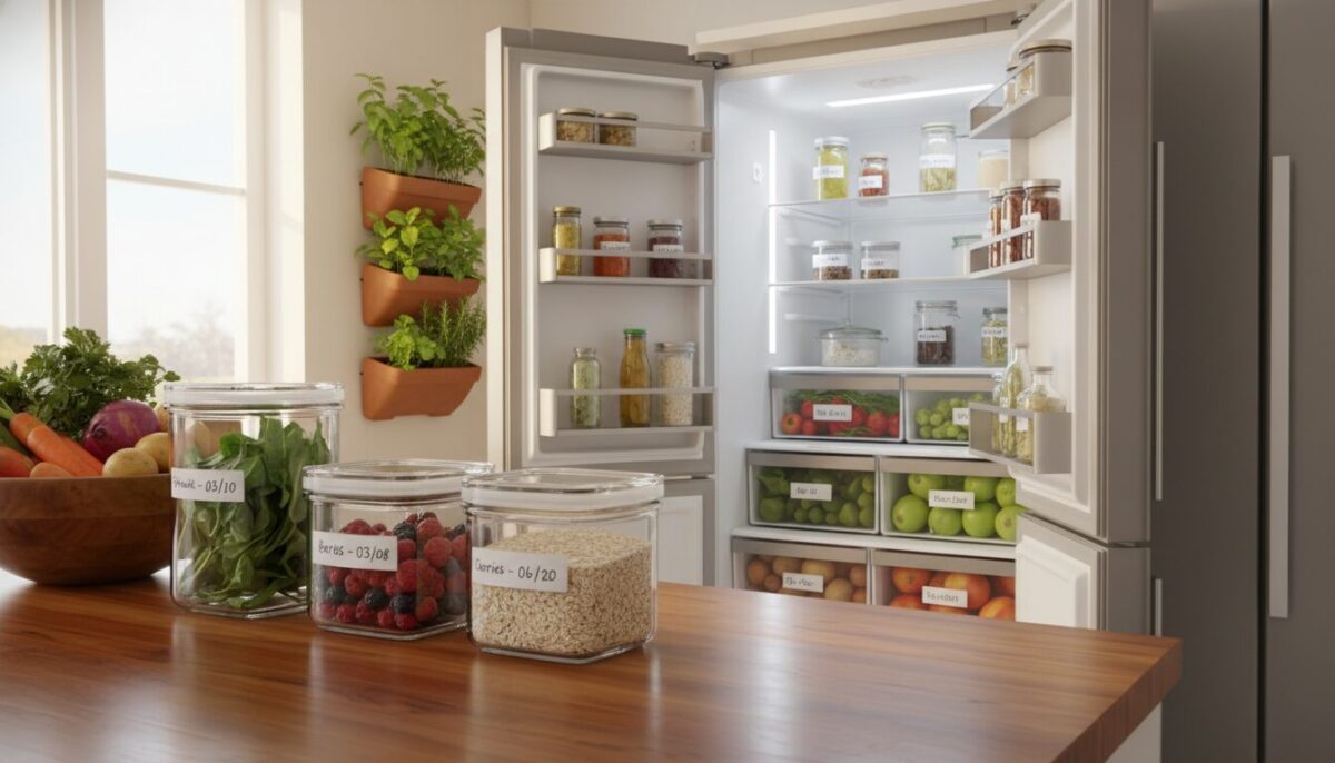 A well-organized kitchen scene illustrating optimal food storage methods. In the foreground, a neat countertop displays various fresh foods like vegetables, fruits, and grains, arranged in clear storage containers labeled with expiration dates. In the middle ground, an open refrigerator reveals shelves stocked with labeled jars and fresh produce, all organized by type. The background features a wall-mounted herb garden, adding a touch of green. Soft, natural lighting filters through a nearby window, creating a warm, inviting atmosphere. The angle is slightly tilted to provide depth, capturing the essence of a well-maintained kitchen focused on food preservation. The overall mood is encouraging and informative, emphasizing the importance of proper food storage.